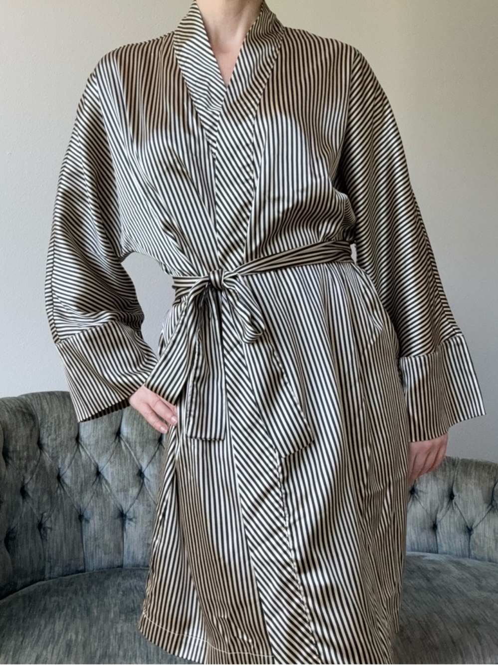 Vintage American Apparel Satin Striped Midi Robe Black Beige OS USA Made Classic